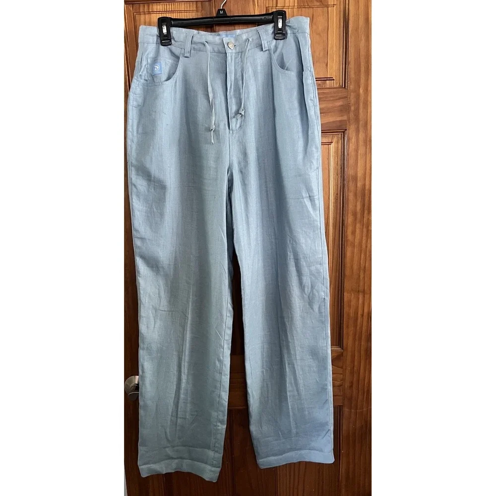 Vintage Davoucci Mens 100% Linen Blue Baggy‎ Wide Leg Pants 34x33 Old Money Y2K